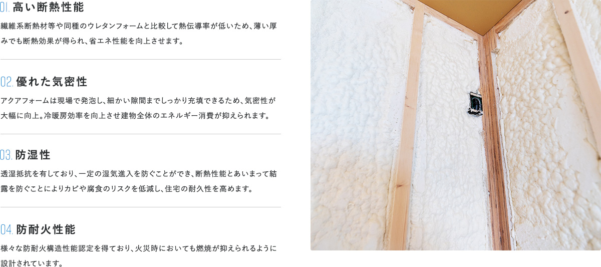 01高い断熱性能 02優れた気密性 03防湿性 04防耐火性能